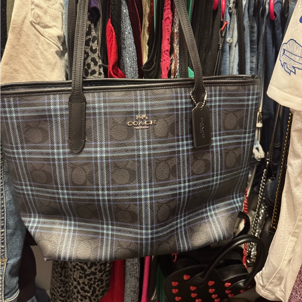 Coach Black and Gray Plaid Tote Bag